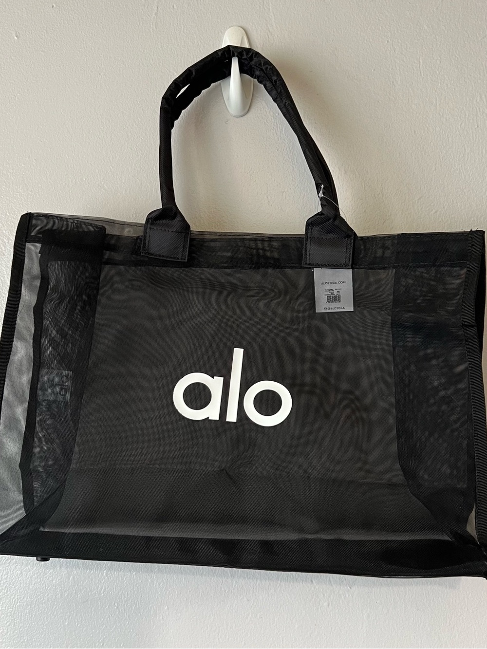 Alo Black Mesh Tote Bag with White Logo inspired